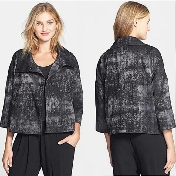 Eileen Fisher Grandeur Jacquard Snap Front Jacket Large Lagenlook Minimalist - Picture 1 of 9